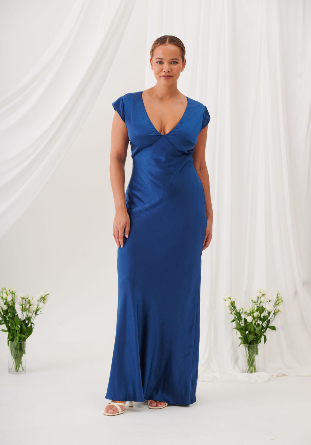 New Bianca Short Sleeve V Neck Maxi Dress -Navy