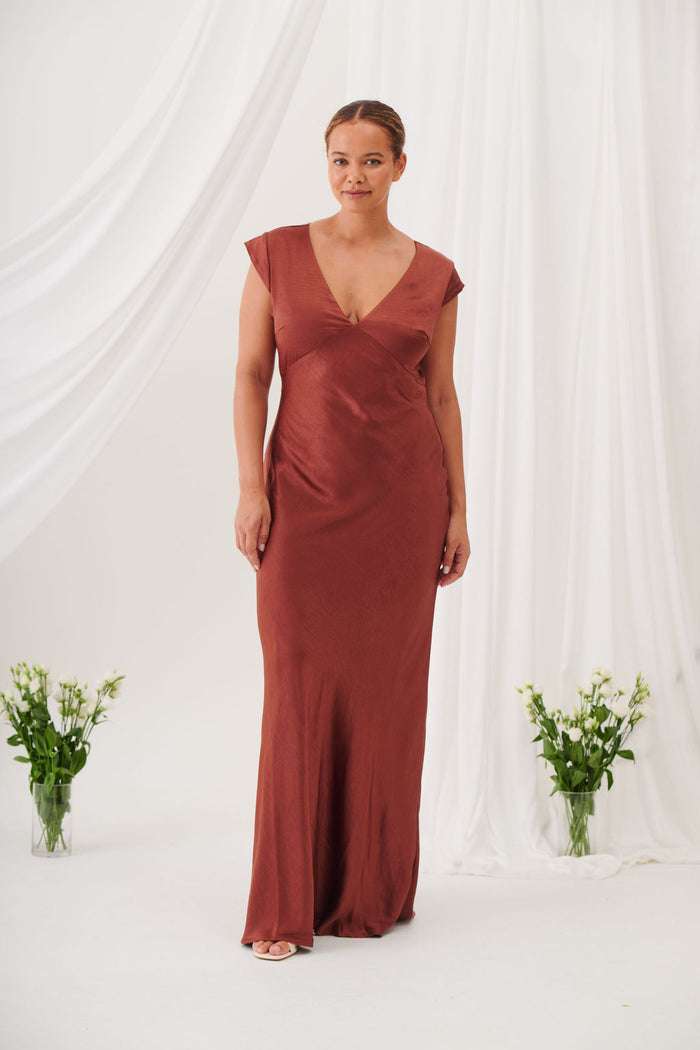 New Bianca Short Sleeve V Neck Maxi Dress -Rust