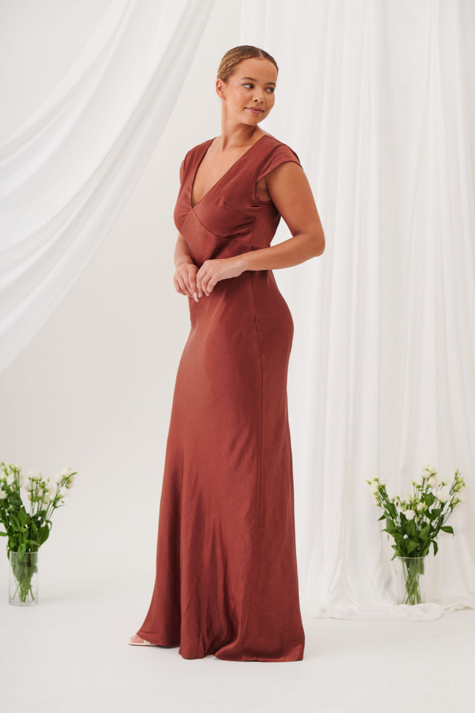 New Bianca Short Sleeve V Neck Maxi Dress -Rust