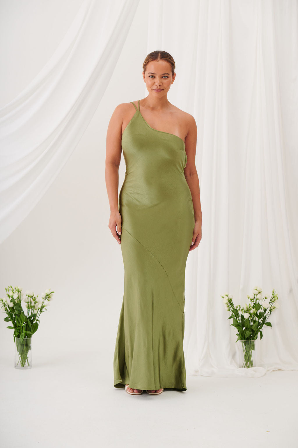 Monica One-Shoulder Satin Bridesmaid Gown - Olive Green