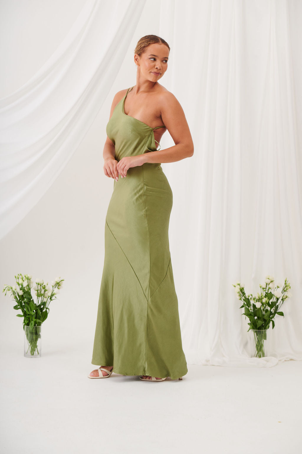 Monica One-Shoulder Satin Bridesmaid Gown - Olive Green