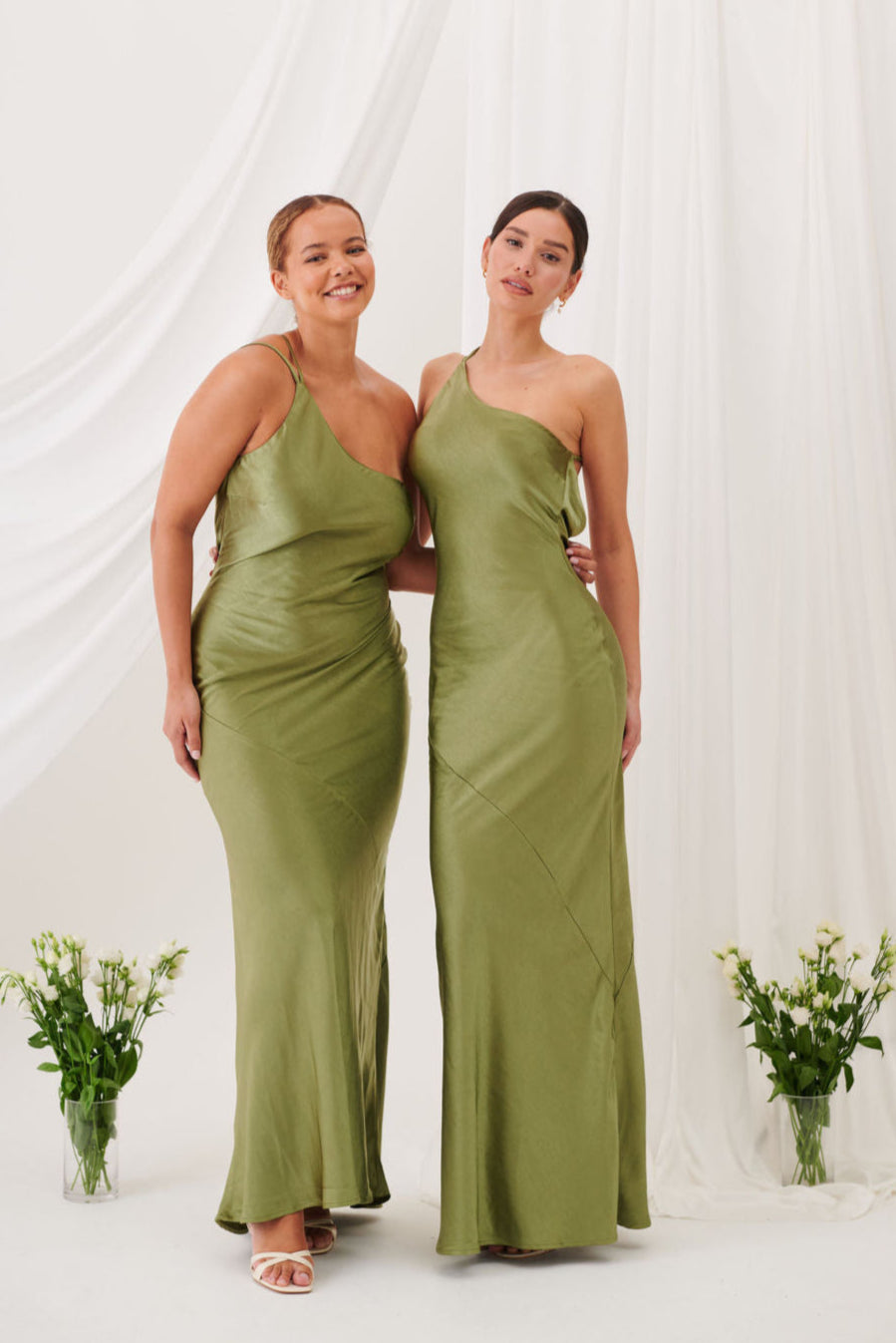 Monica One-Shoulder Satin Bridesmaid Gown - Olive Green