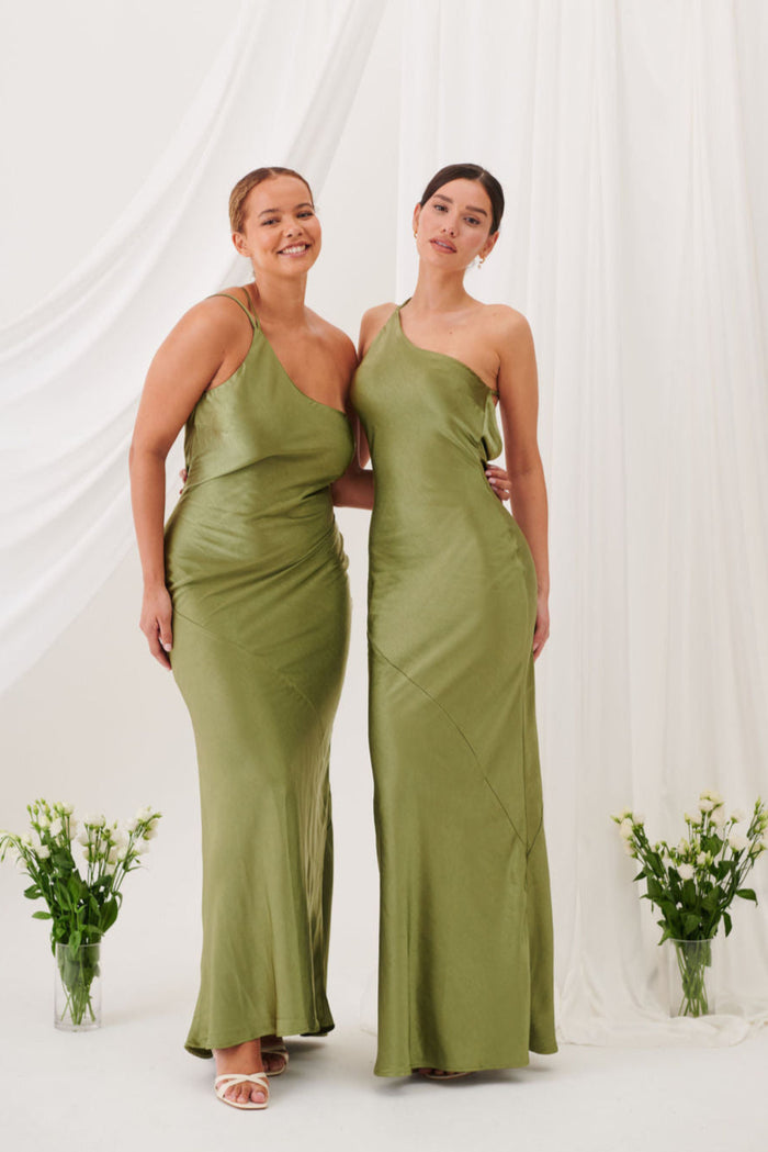 Monica One-Shoulder Satin Bridesmaid Gown - Olive Green