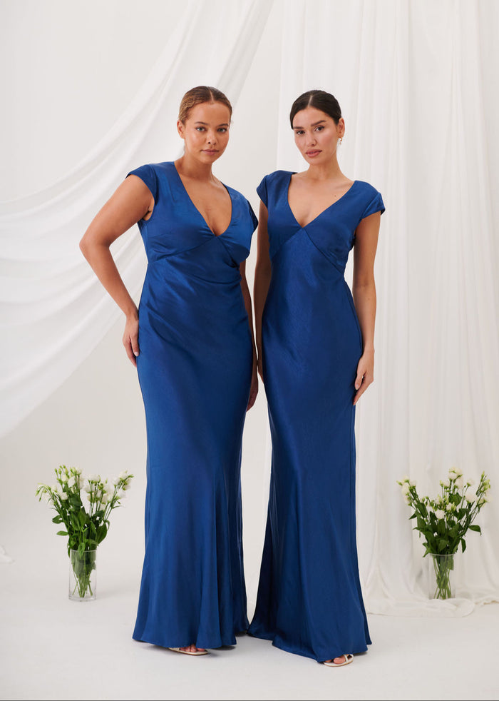 New Bianca Short Sleeve V Neck Maxi Dress -Navy