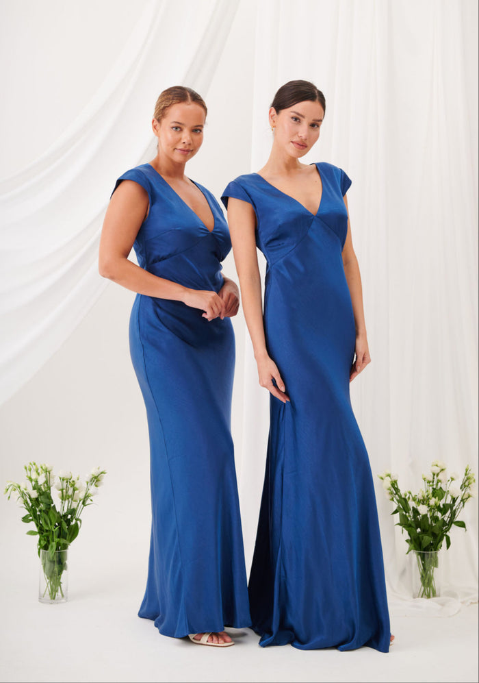 New Bianca Short Sleeve V Neck Maxi Dress -Navy