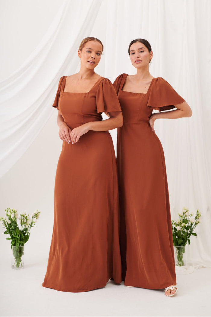 Charlotte Square Neck Flutter Sleeve Maxi Dress  - Rust