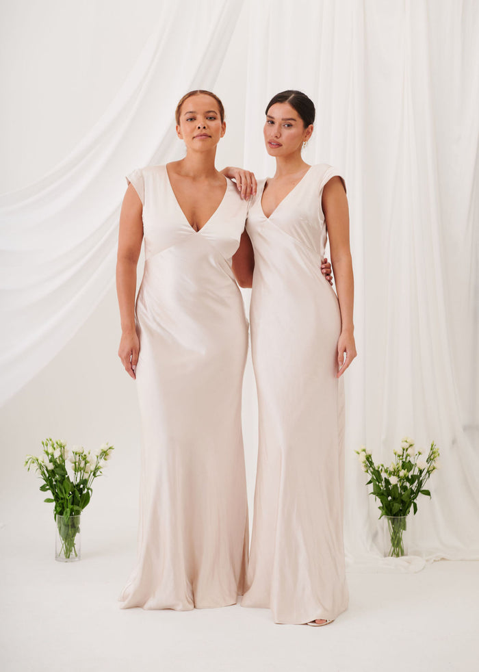 New Bianca Short Sleeve V Neck Maxi Dress -Champagne