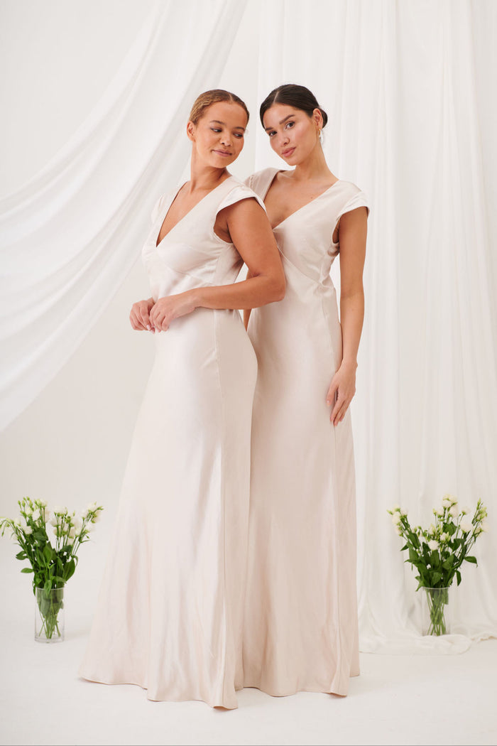 New Bianca Short Sleeve V Neck Maxi Dress -Champagne