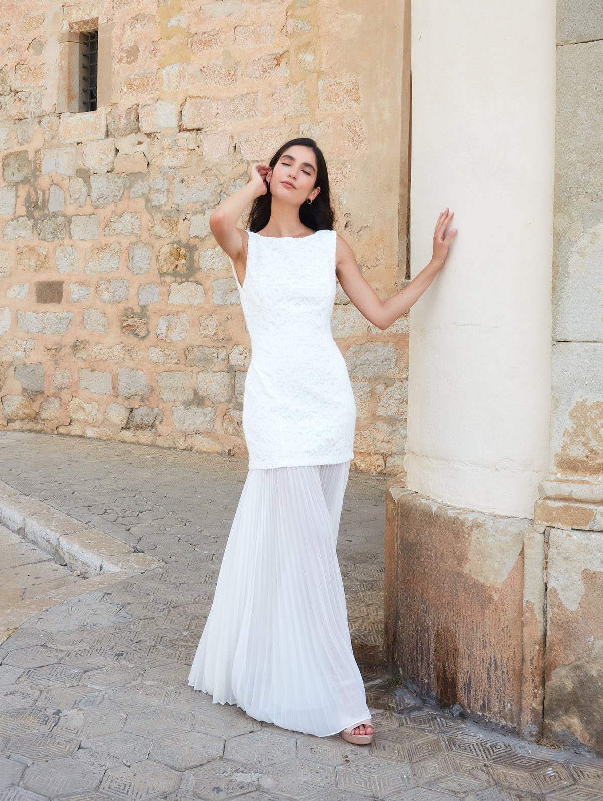 Sabina Lace Bodice Dress with Pleated Skirt White