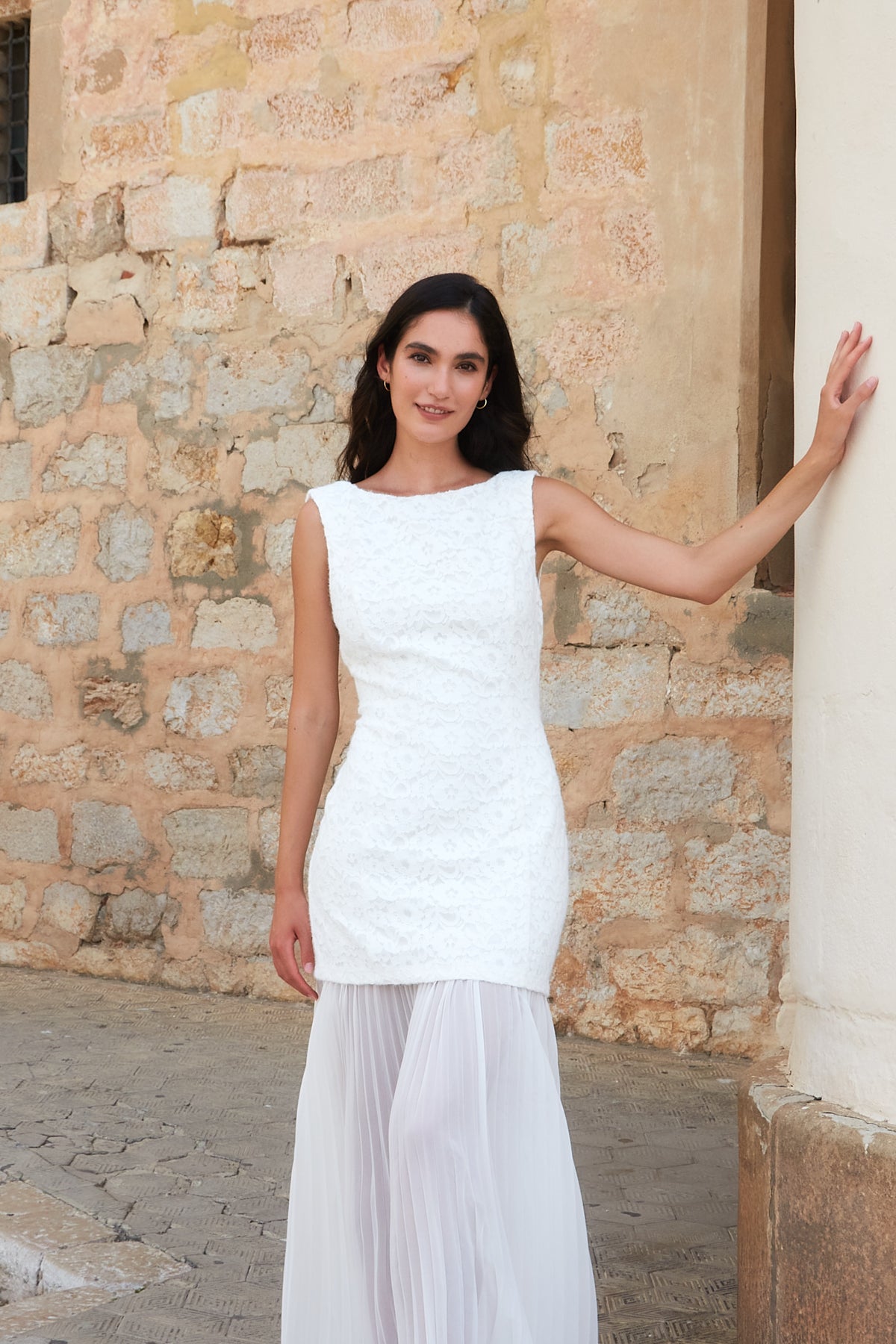 Sabina Lace Bodice Dress with Pleated Skirt White