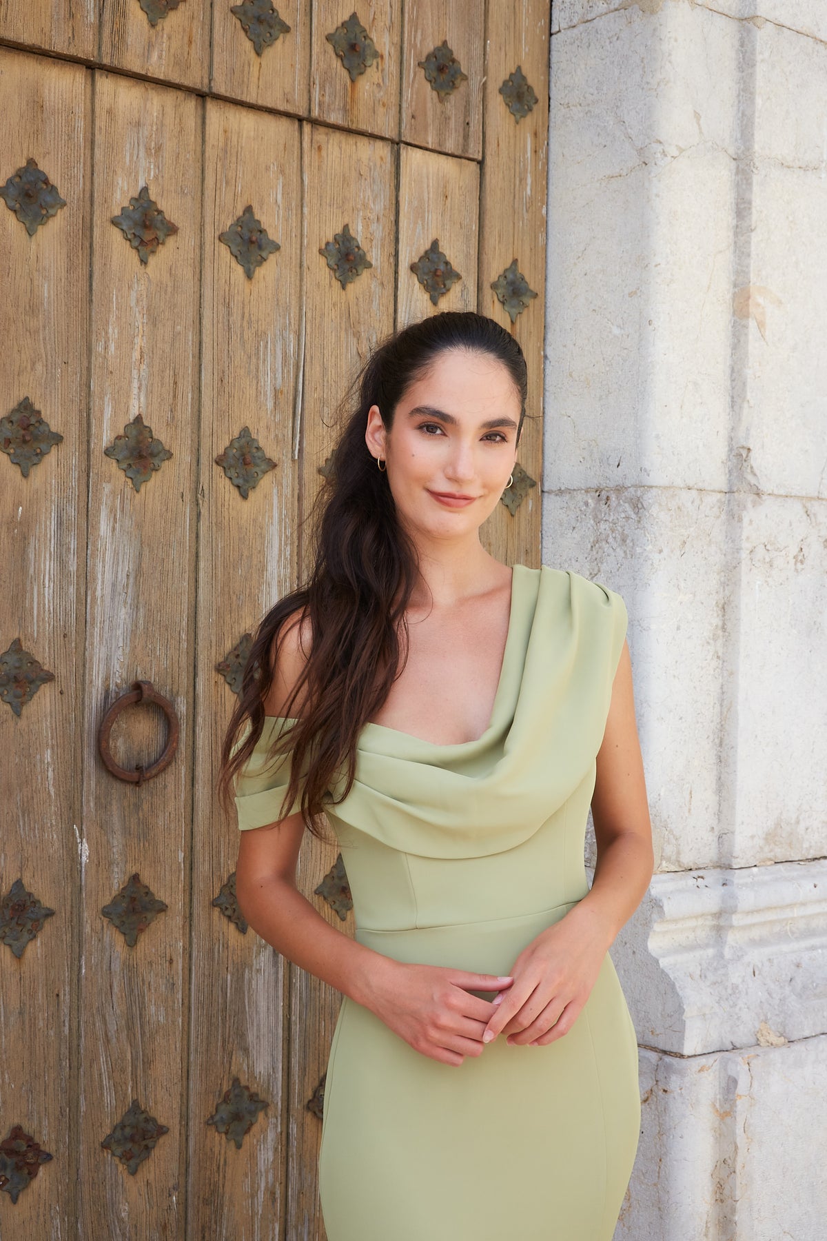 Cecelia Asymmetrical Cowl-neck Dress Olive