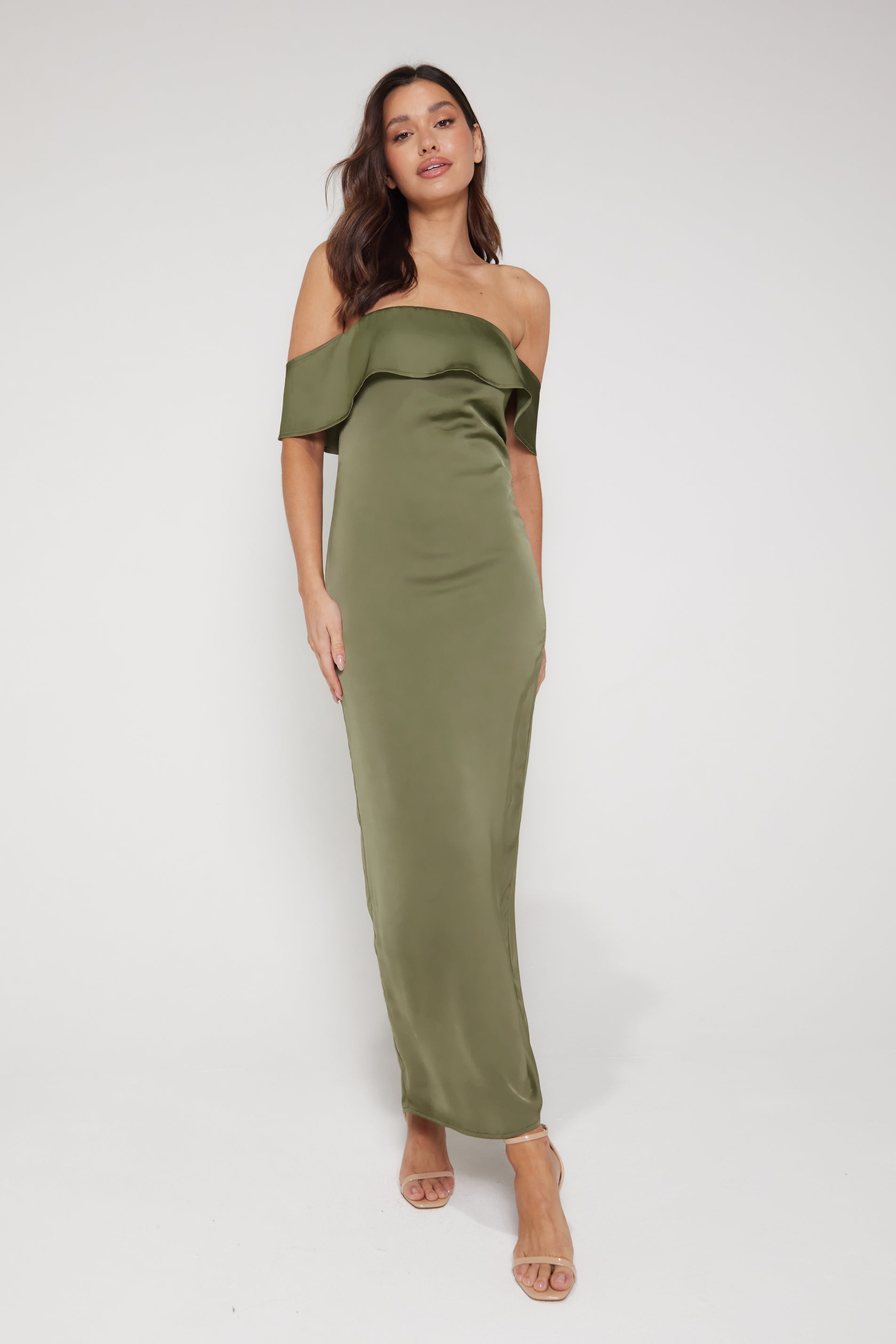 Aimee Bardot Maxi Dress - Olive | Luxe Collection | Liena UK Aimee Bardot Maxi Dress - Olive | Luxe Collection | Liena UK