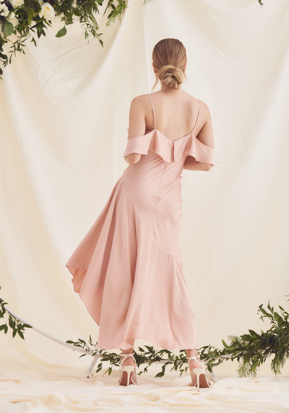 Vienna Frill Cold Shoulder Satin Midi Dress - Rose Pink