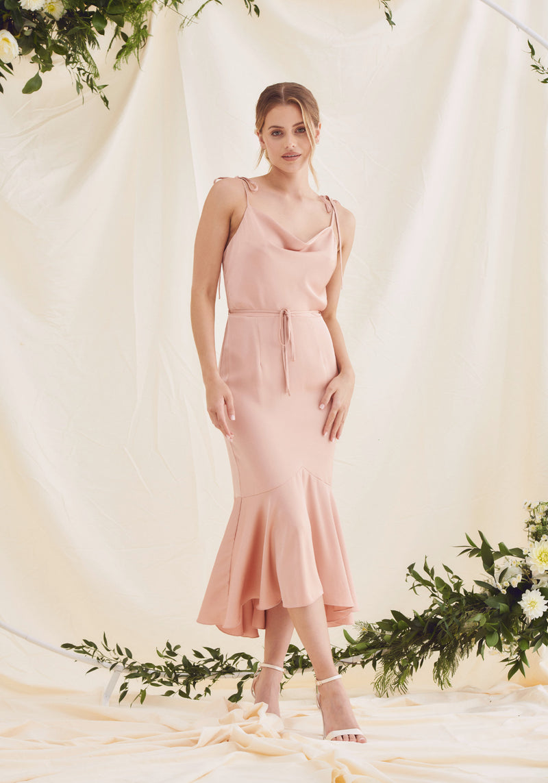 Cowl Neck Fishtail Satin Midi Dress in Rose Pink | Bridesmaid Dresses –  Liena