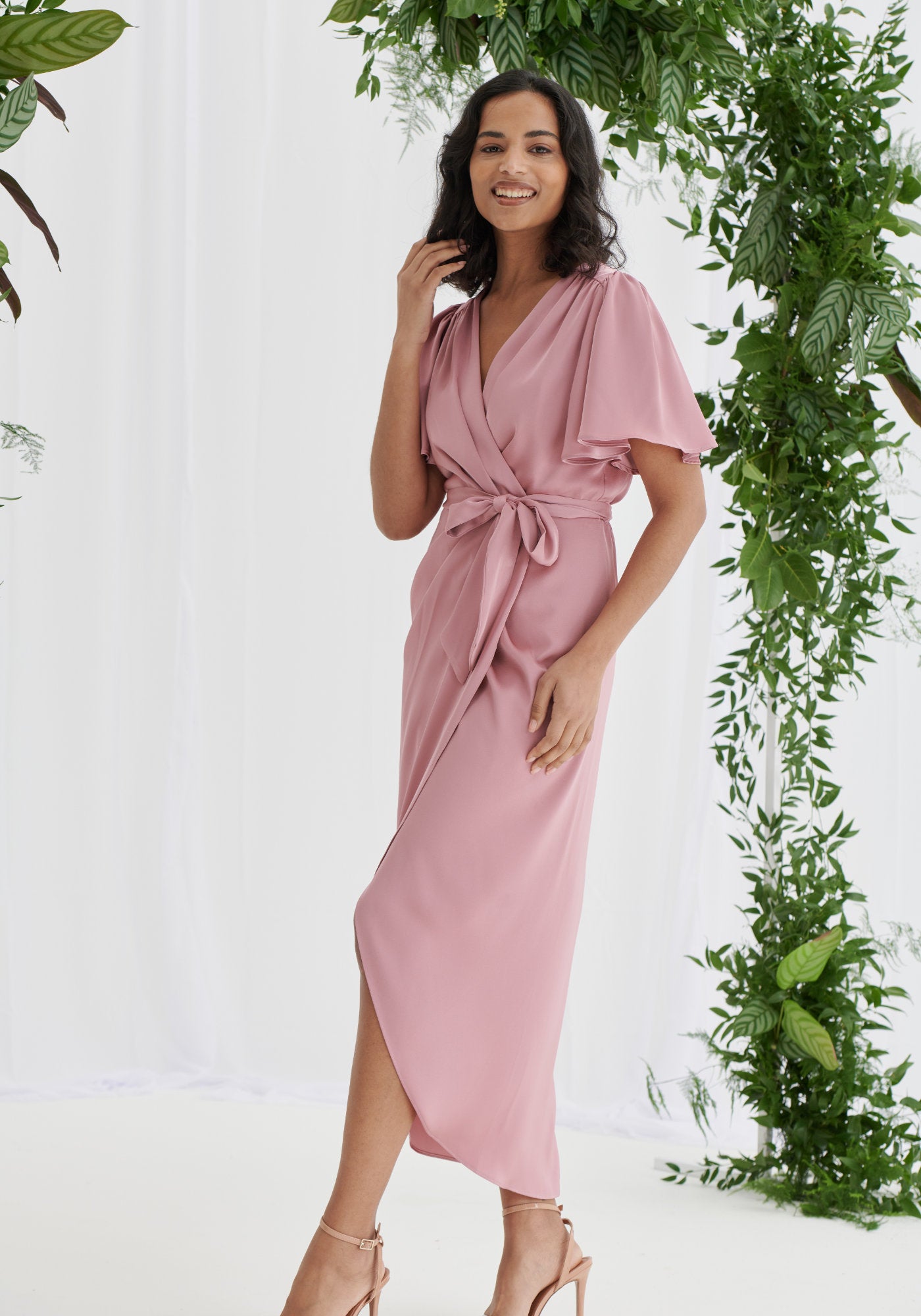 Elena Short Sleeve Wrap Dress in Pink | Luxe Collection | Liena UK Elena Short Sleeve Wrap Dress in Pink | Luxe Collection | Liena UK