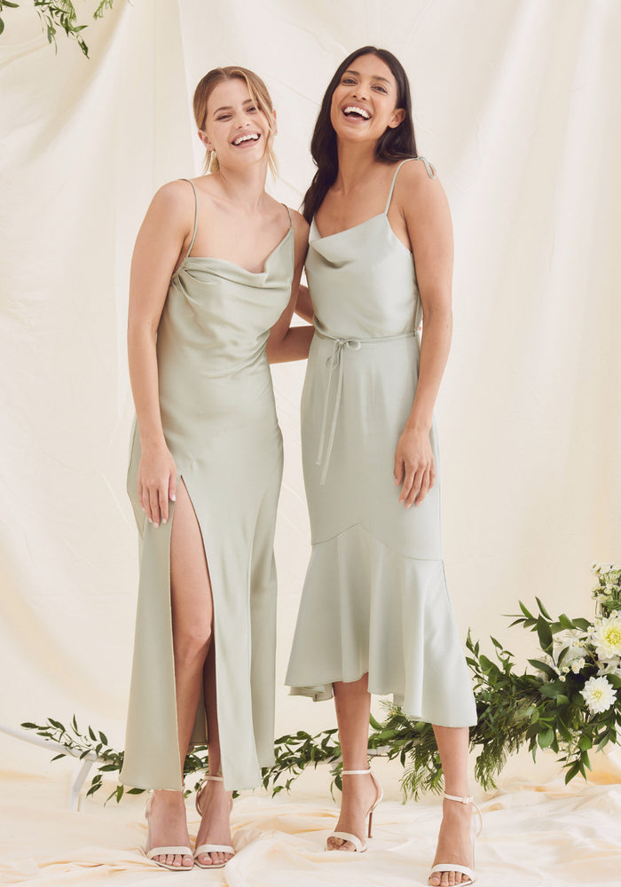 Sage Green Bridesmaid Dresses With Cowl Neck - Sage Green Satin Dresses UK