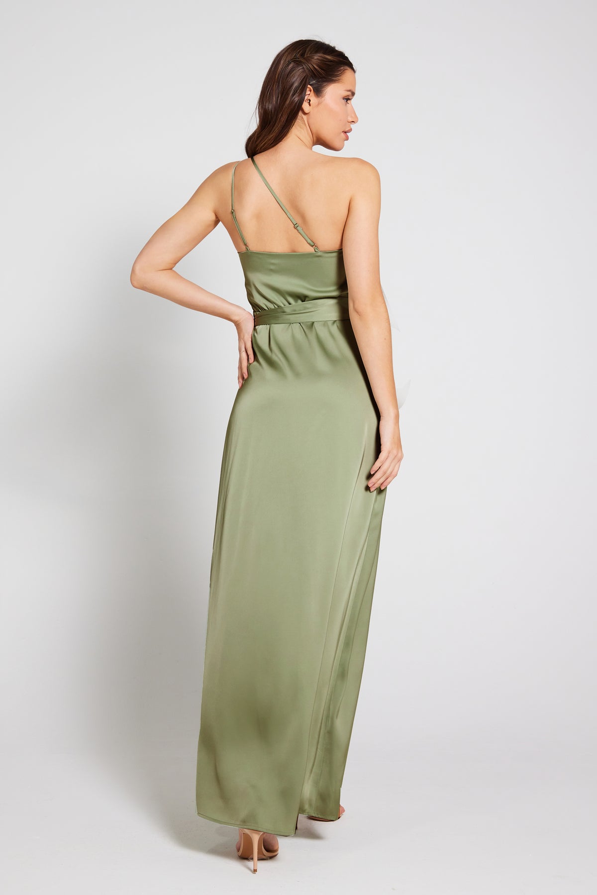 Aria One Shoulder Maxi Dress in Olive Luxe Collection Liena UK