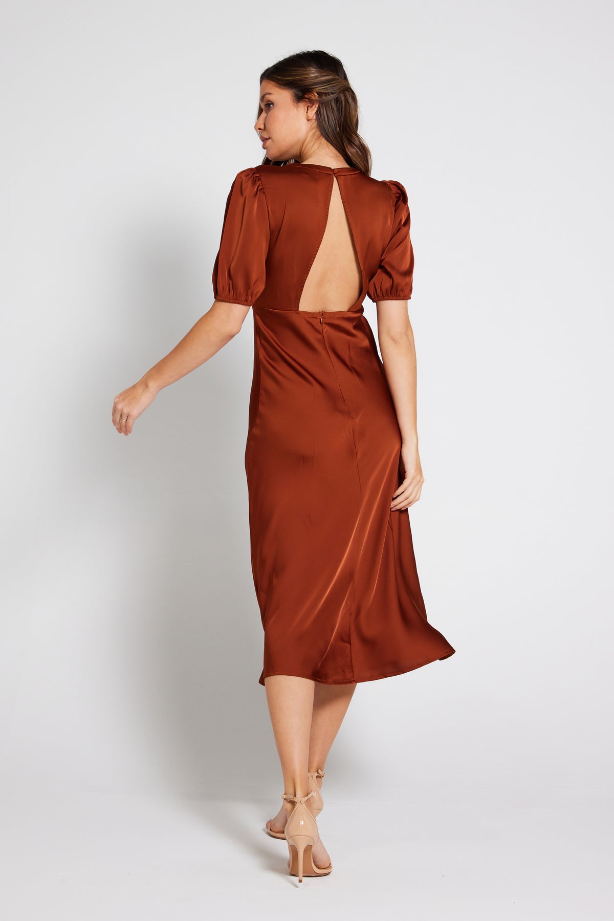 Celia Twist Neck Satin Slip Dress - Rust