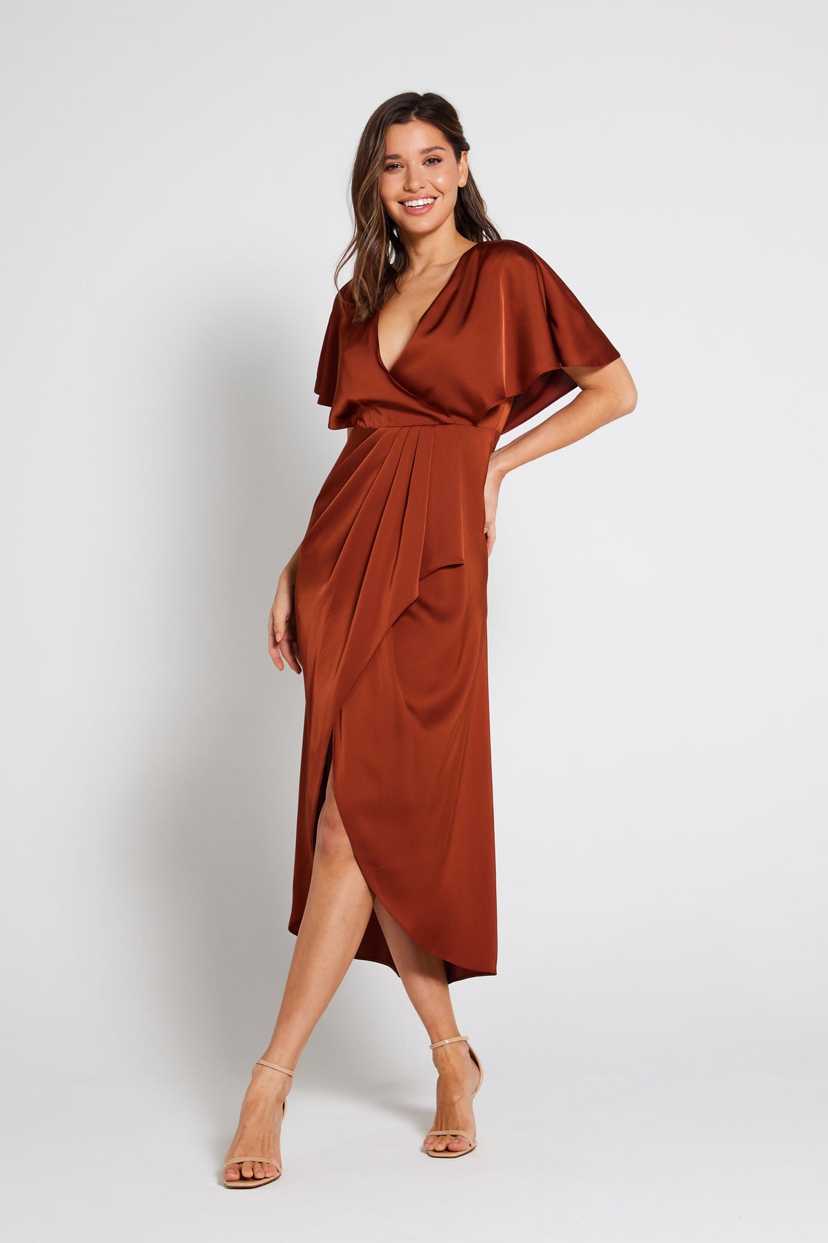 Clara Angel Sleeve Wrap Satin Midi Dress - Rust