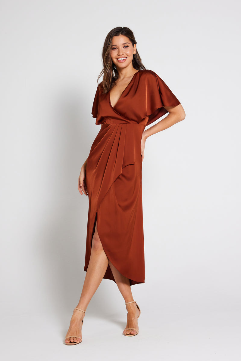 Clara Angel Sleeve Wrap Satin Midi Dress in Sage Green