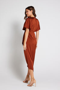 Clara Angel Sleeve Wrap Satin Midi Dress - Rust