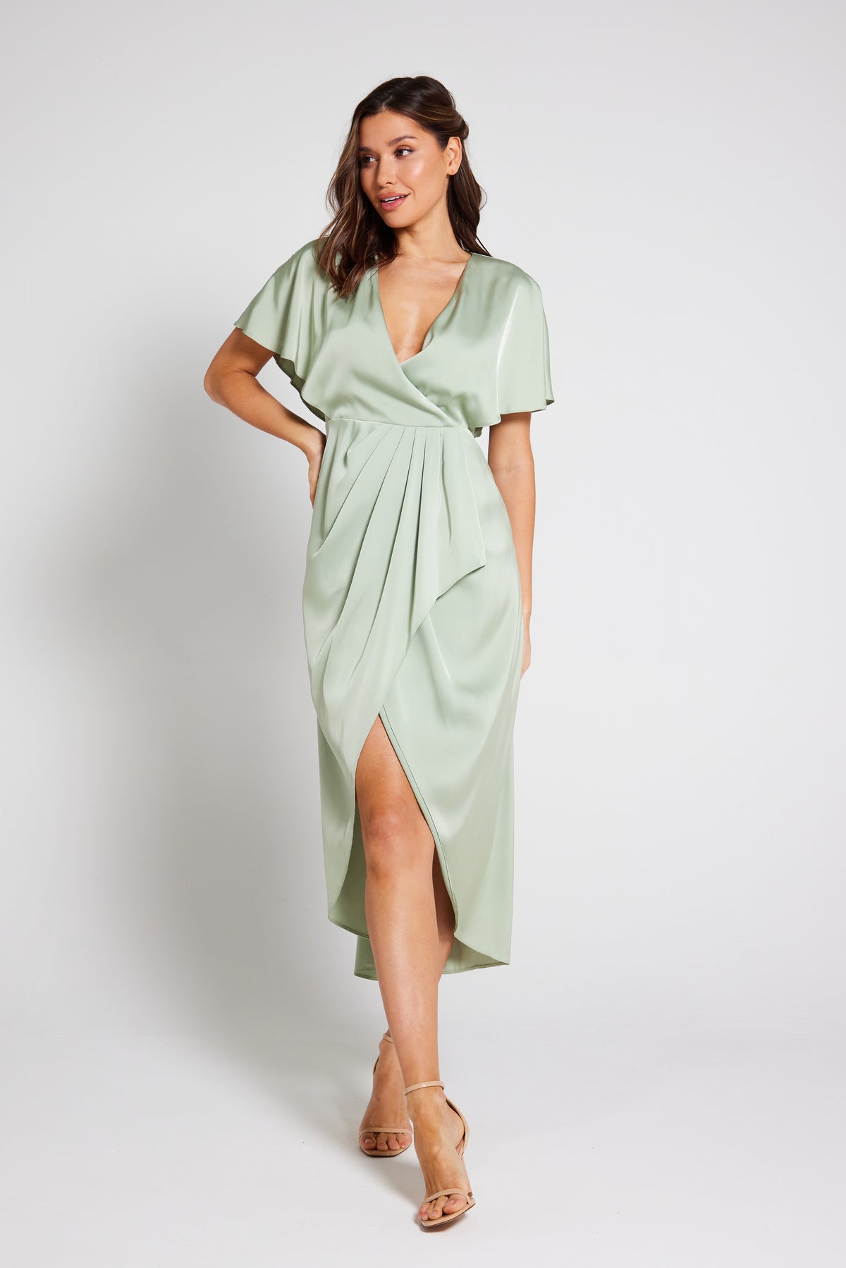 Clara Angel Sleeve Wrap Satin Midi Dress - Sage Green