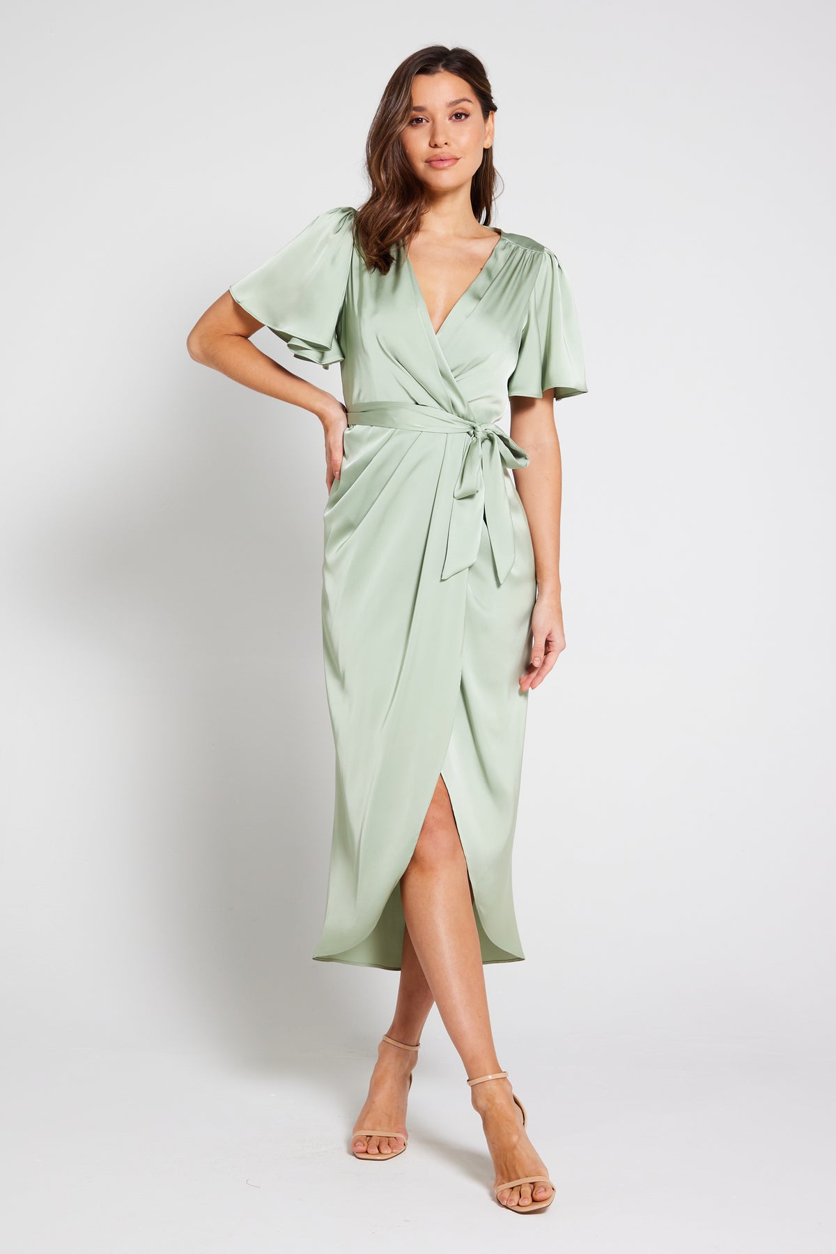Elena Short Sleeve Wrap Dress in Sage Green | Luxe Collection | Liena UK Elena Short Sleeve Wrap Dress in Sage Green | Luxe Collection | Liena UK