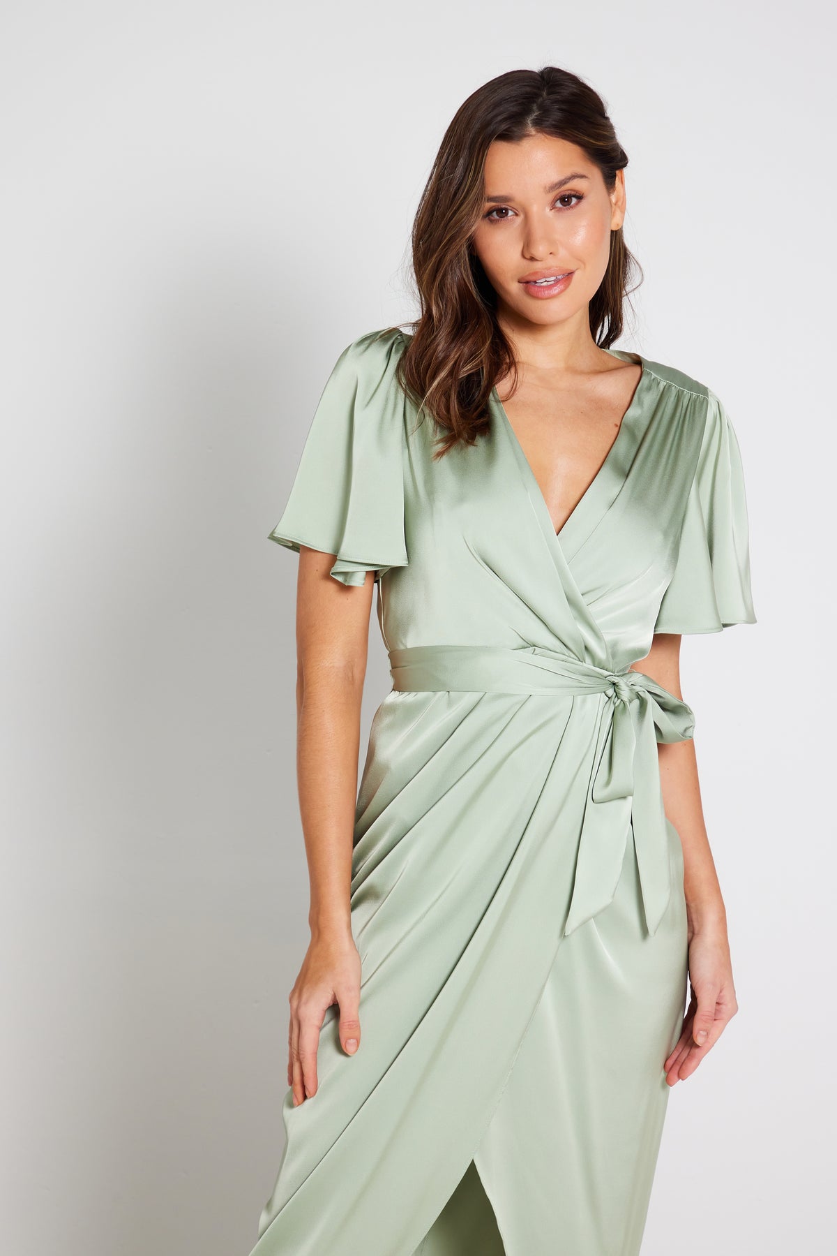 Elena Short Sleeve Wrap Dress in Sage Green | Luxe Collection | Liena UK Elena Short Sleeve Wrap Dress in Sage Green | Luxe Collection | Liena UK