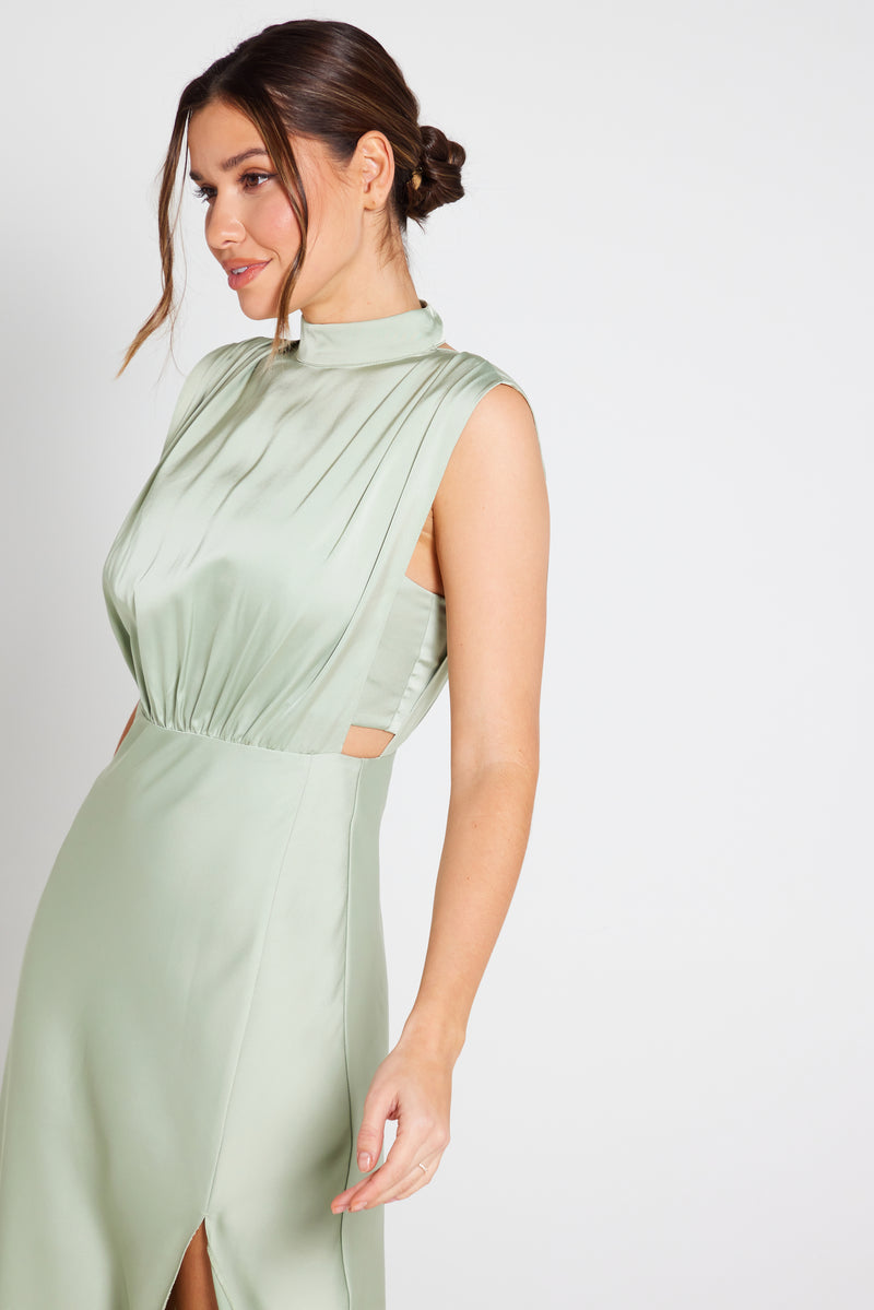 Elle Satin Midi Dress in Sage Green | Liena UK Elle Satin Midi Dress in Sage Green | Liena UK