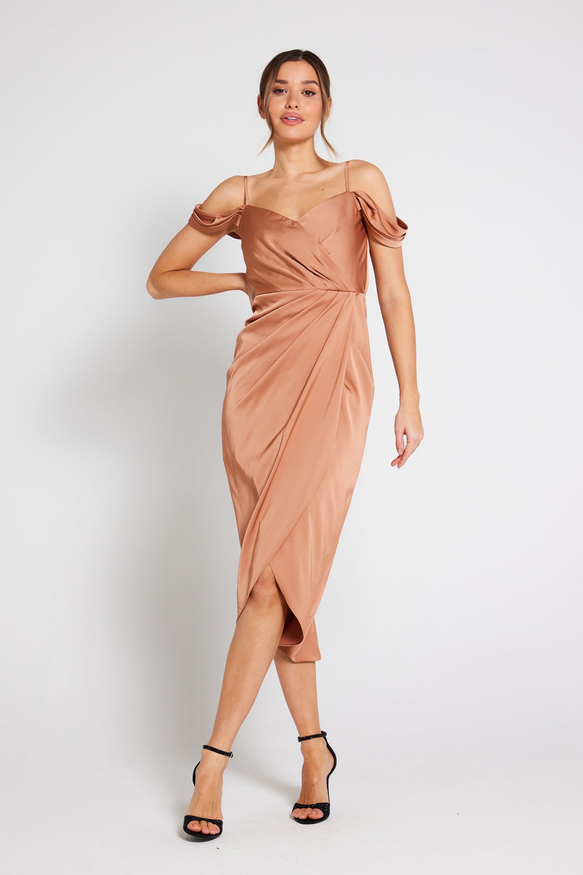 Isabella Bardot Satin Wrap Dress - Almond