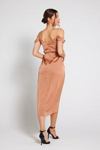 Isabella Bardot Satin Wrap Dress - Almond