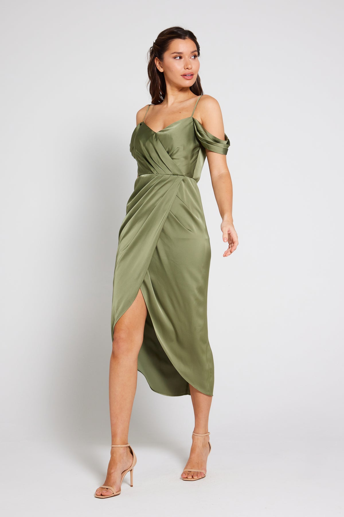 Isabella Bardot Satin Wrap Dress - Olive