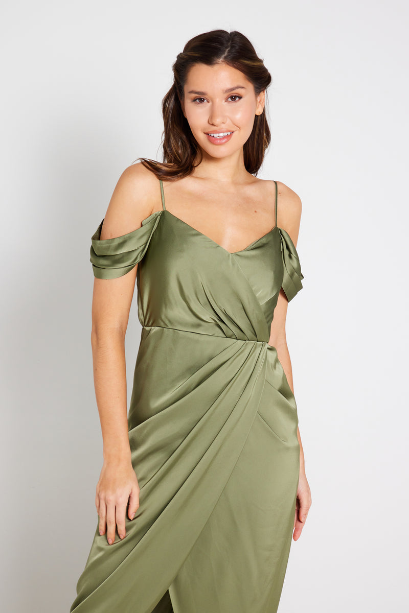 Isabella Bardot Satin Wrap Dress - Olive