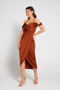 Isabella Bardot Satin Wrap Dress - Rust