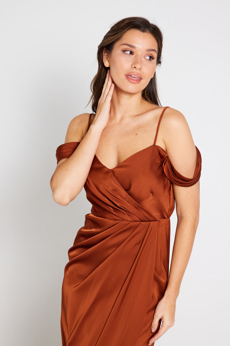 Isabella Bardot Satin Wrap Dress - Rust