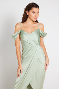 Isabella Bardot Satin Wrap Dress - Sage Green