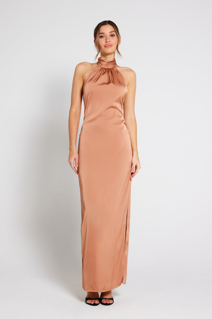 Harley Halter Neck Satin Maxi Dress - Almond