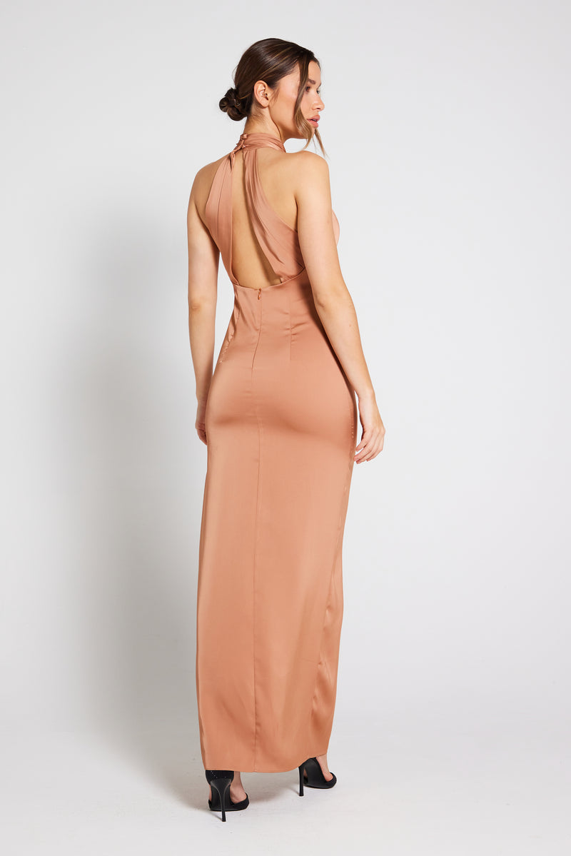 Harley Halter Neck Satin Maxi Dress - Almond