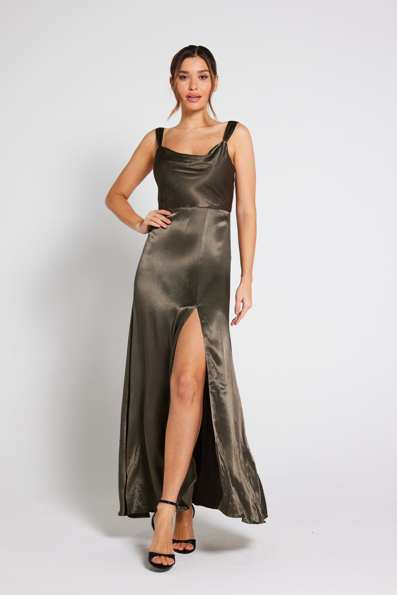 Layla Cami Satin Maxi Gown Dress - Dark Olive