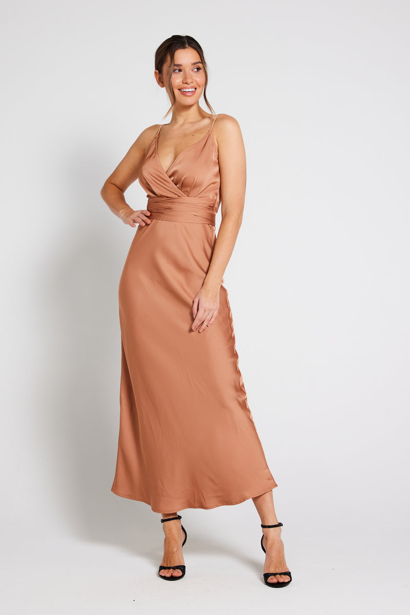 Louisa Tie Waist Cami Wrap Maxi Dress - Almond