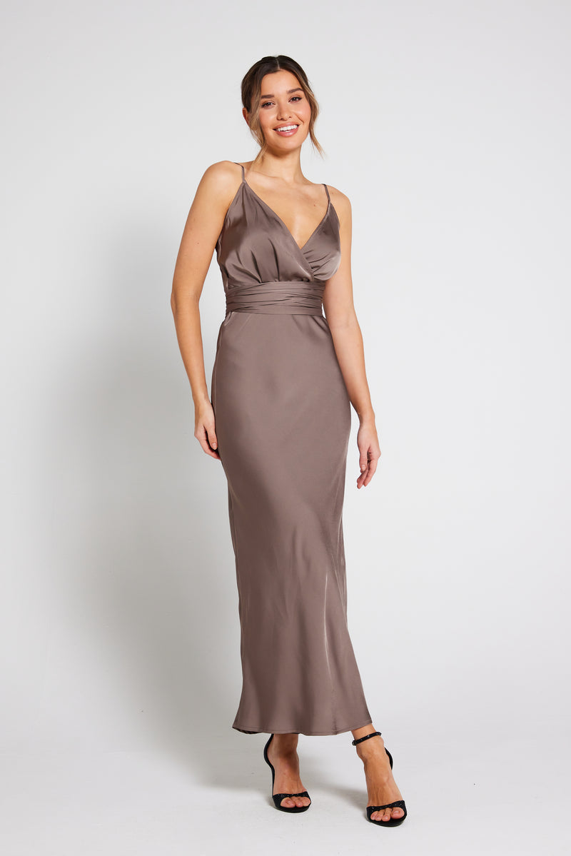 Louisa Tie Waist Cami Wrap Maxi Dress - Taupe