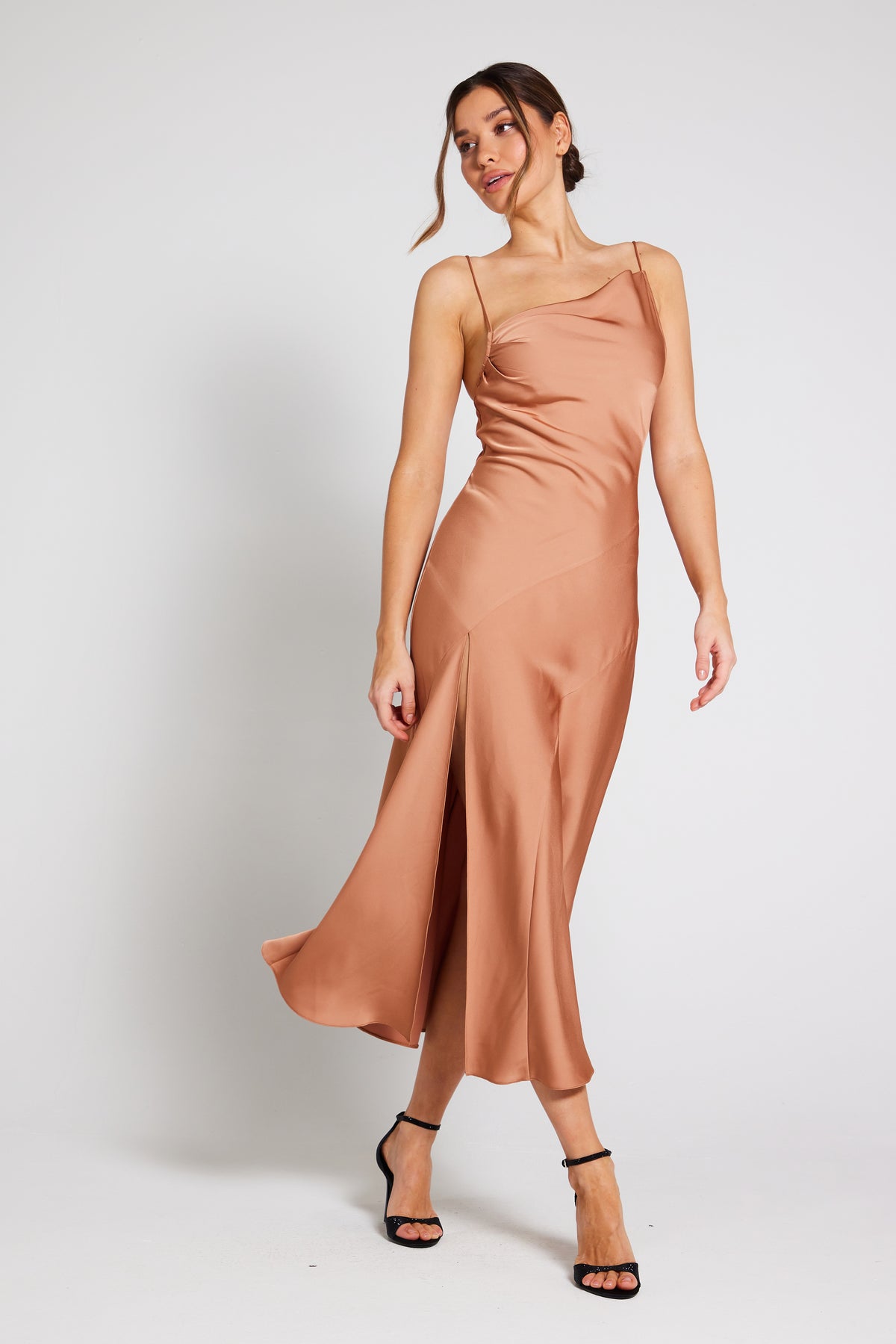 Mila Asymmetric Cowl Neck Satin Slip Dress - Almond