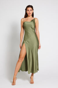 Mila Asymmetric Cowl Neck Satin Slip Dress - Olive