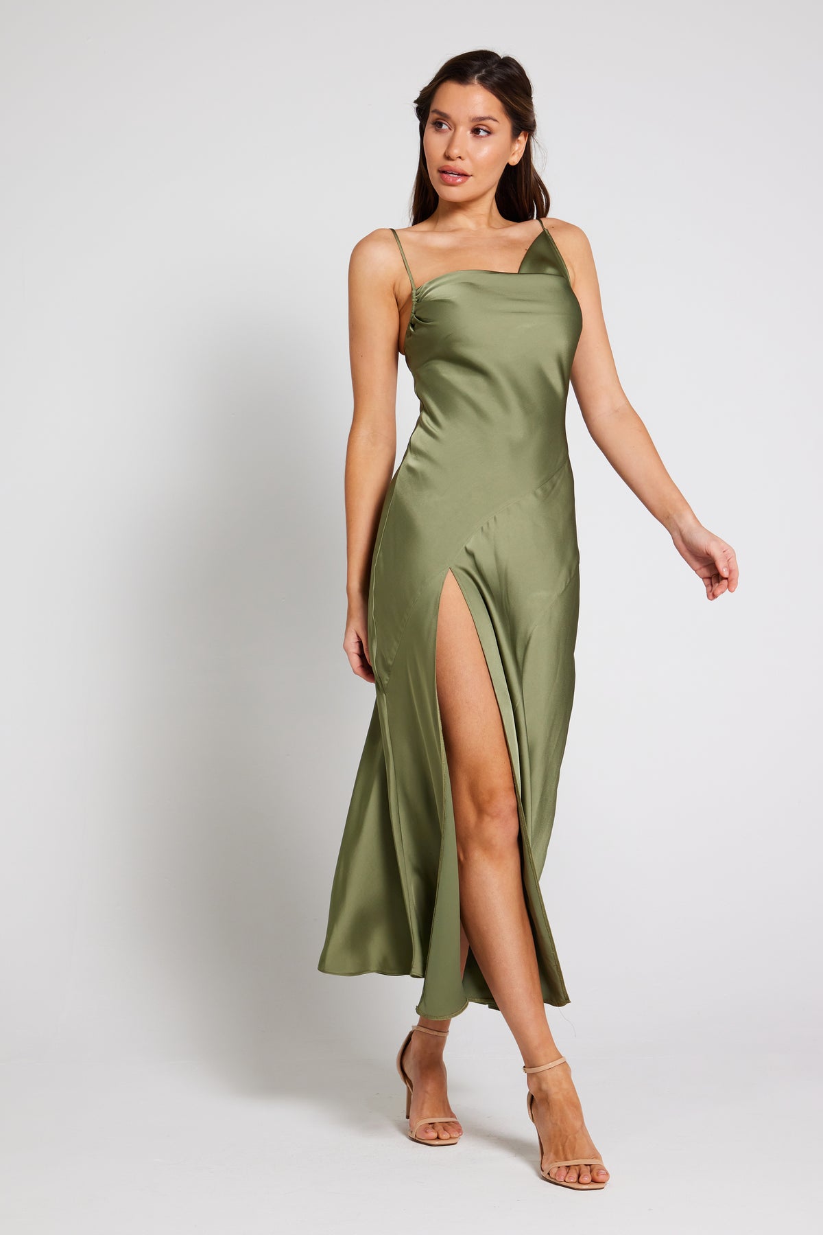 Mila Asymmetric Cowl Neck Satin Slip Dress in Olive | Luxe Collection Dresses Liena Mila Asymmetric Cowl Neck Satin Slip Dress in Olive | Luxe Collection Dresses Liena