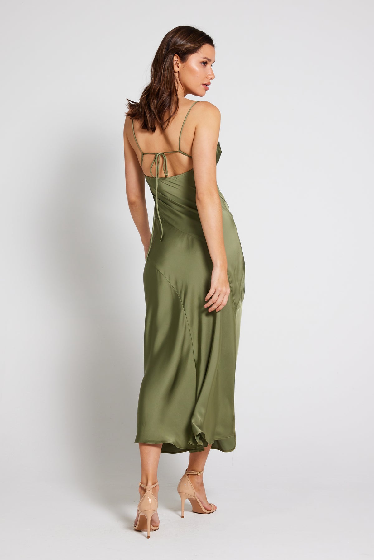 Mila Asymmetric Cowl Neck Satin Slip Dress - Olive