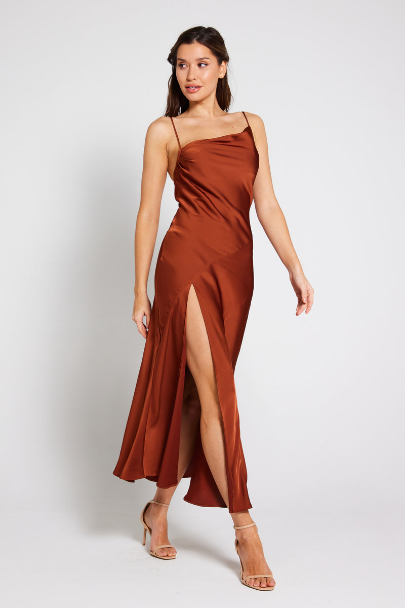 Mila Asymmetric Cowl Neck Satin Slip Dress - Rust