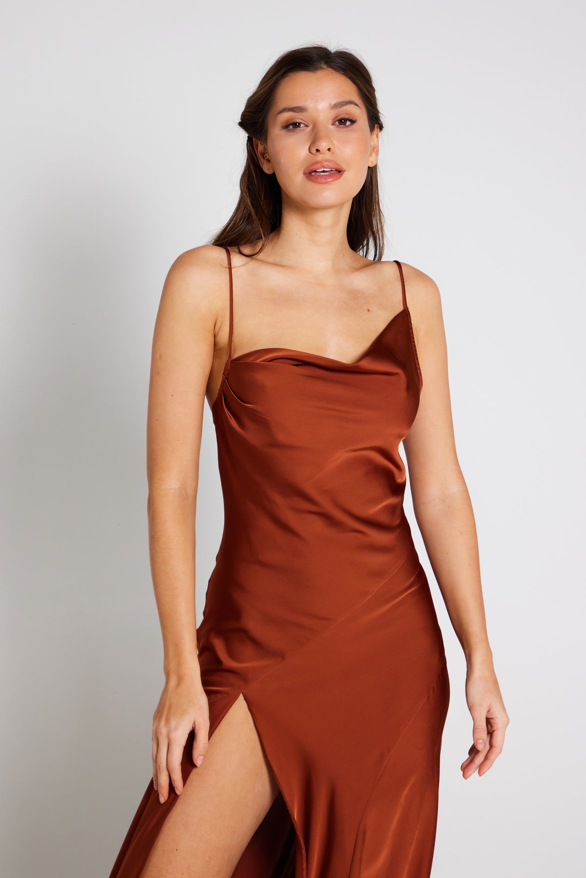 Mila Asymmetric Cowl Neck Satin Slip Dress - Rust