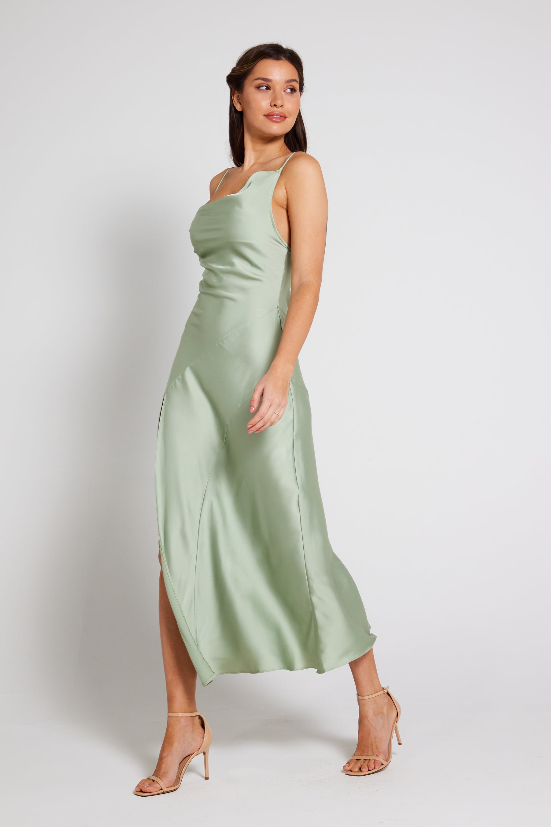 Sage Green Satin Dress With Asymmetric Cowl Neck