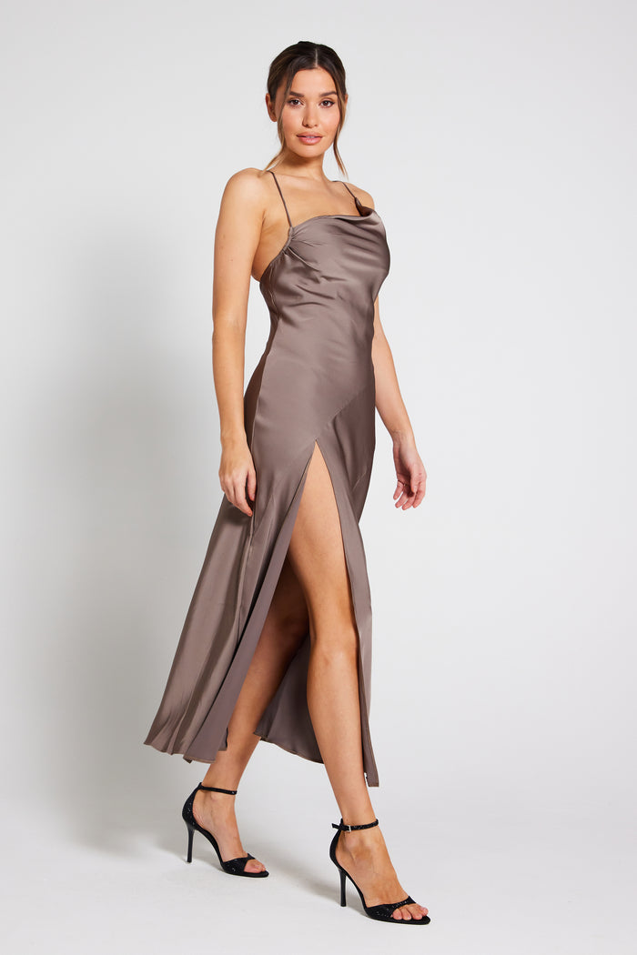 Mila Asymmetric Cowl Neck Satin Slip Dress - Taupe