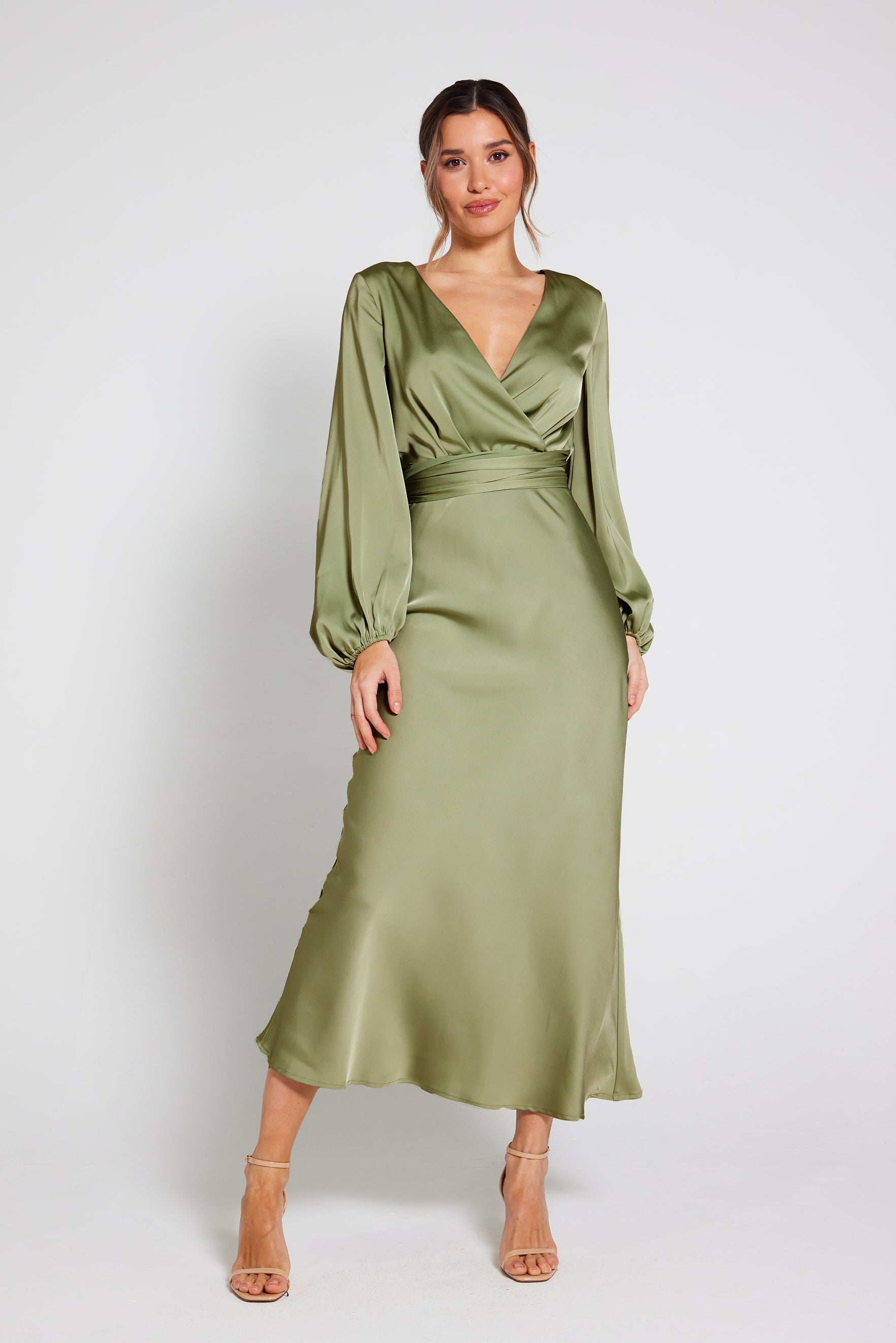 Pippa Long Sleeve Satin Maxi Dress - Olive Pippa Long Sleeve Satin Maxi Dress - Olive